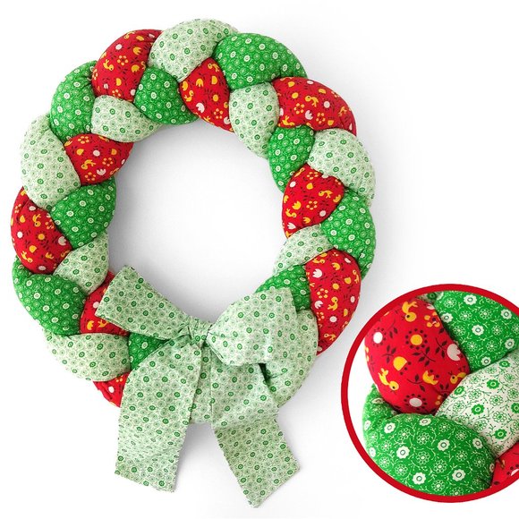 VTG 14" Braided Calico Christmas WREATH Cotton Cloth Red Green Country Cottage - Picture 1 of 9